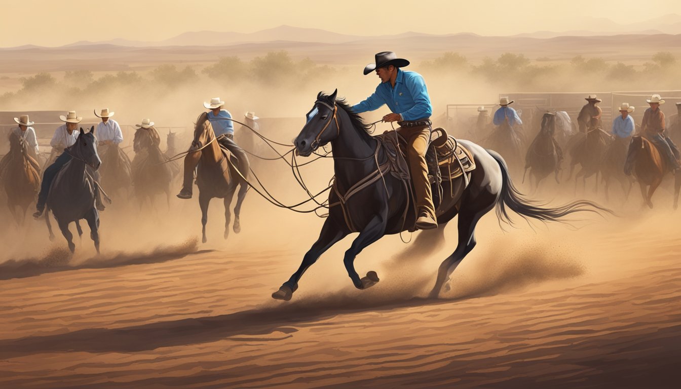 A lone cowboy practicing roping techniques in a dusty Texas rodeo arena