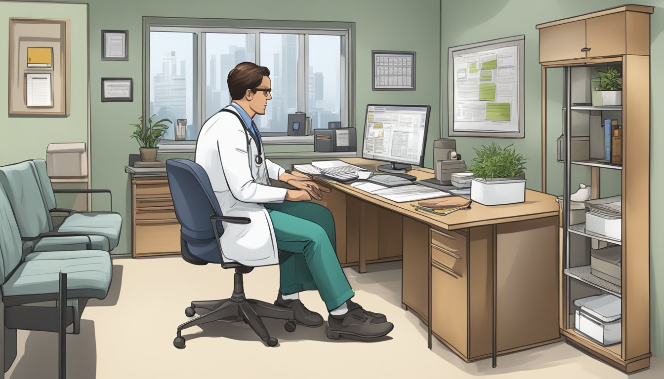 A doctor's office with a desk, computer, and medical charts. A patient sits across from the doctor, discussing lifestyle factors and health influences