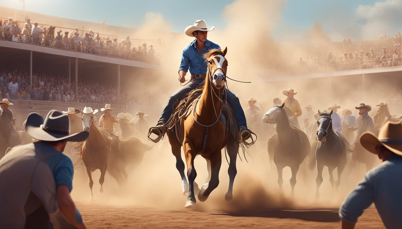 A lone cowboy on horseback expertly lassos a calf in a dusty rodeo arena, surrounded by cheering spectators