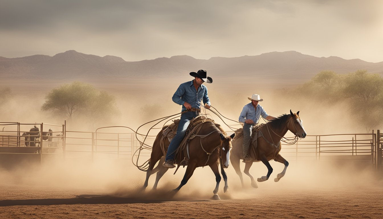 A lone cowboy on horseback, lasso in hand, skillfully roping a calf in a dusty Texas rodeo arena