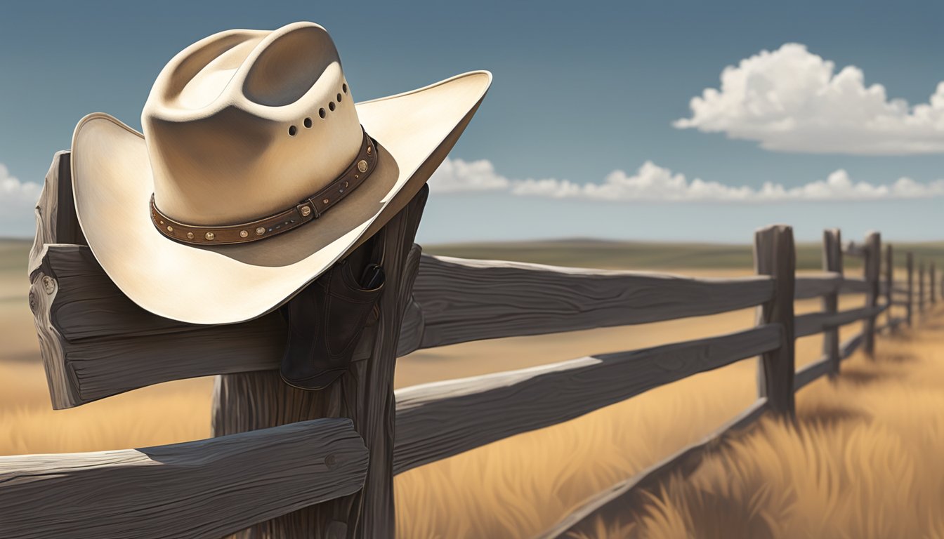 A lone cowboy hat resting on a weathered wooden fence post, with a pair of cowboy boots nearby, surrounded by the open expanse of the Texas plains