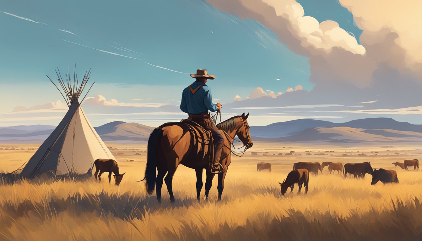 A lone cowboy sits by a campfire, surrounded by vast open plains and grazing cattle, while a horse whispers in the background