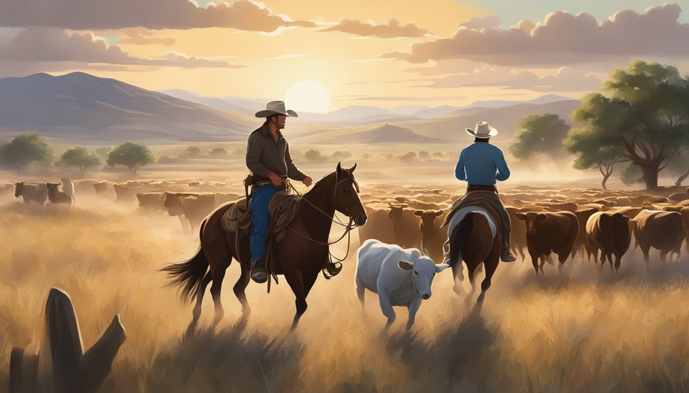 A lone cowboy on horseback herding cattle, lasso in hand, against a backdrop of the Texas countryside