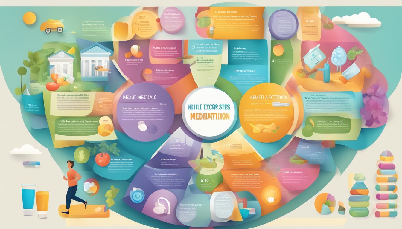 A colorful infographic showing various lifestyle factors and influences on health, such as diet, exercise, stress, and medication