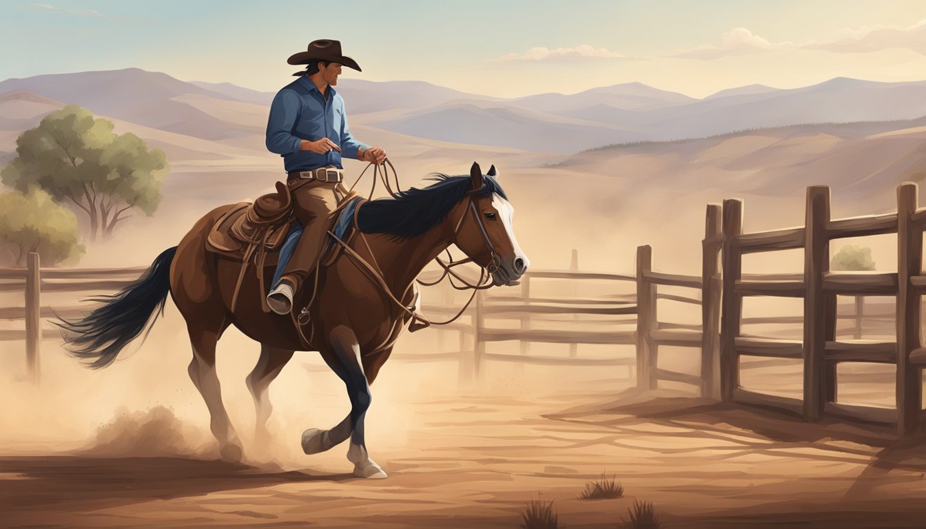 A lone cowboy on horseback lassos a calf in a dusty rodeo arena, surrounded by rolling hills and a rustic wooden fence