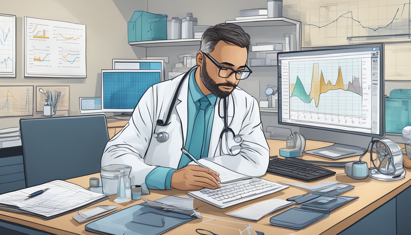 A researcher surrounded by charts, graphs, and medical equipment, studying lifestyle factors and health influences related to colon cancer