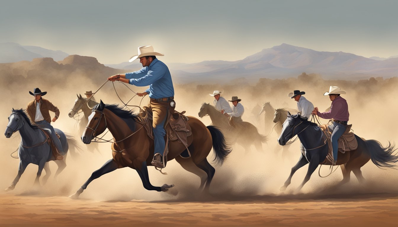 Cowboys expertly lassoing, riding, and taming wild horses in a dusty rodeo arena, showcasing their skill and the art of horse whispering