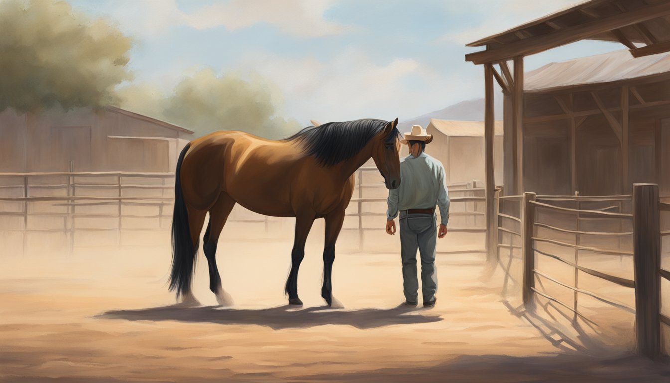 A lone figure calmly communicates with a horse in a dusty Texas corral. The horse stands relaxed, ears forward, as the figure exudes a sense of calm authority