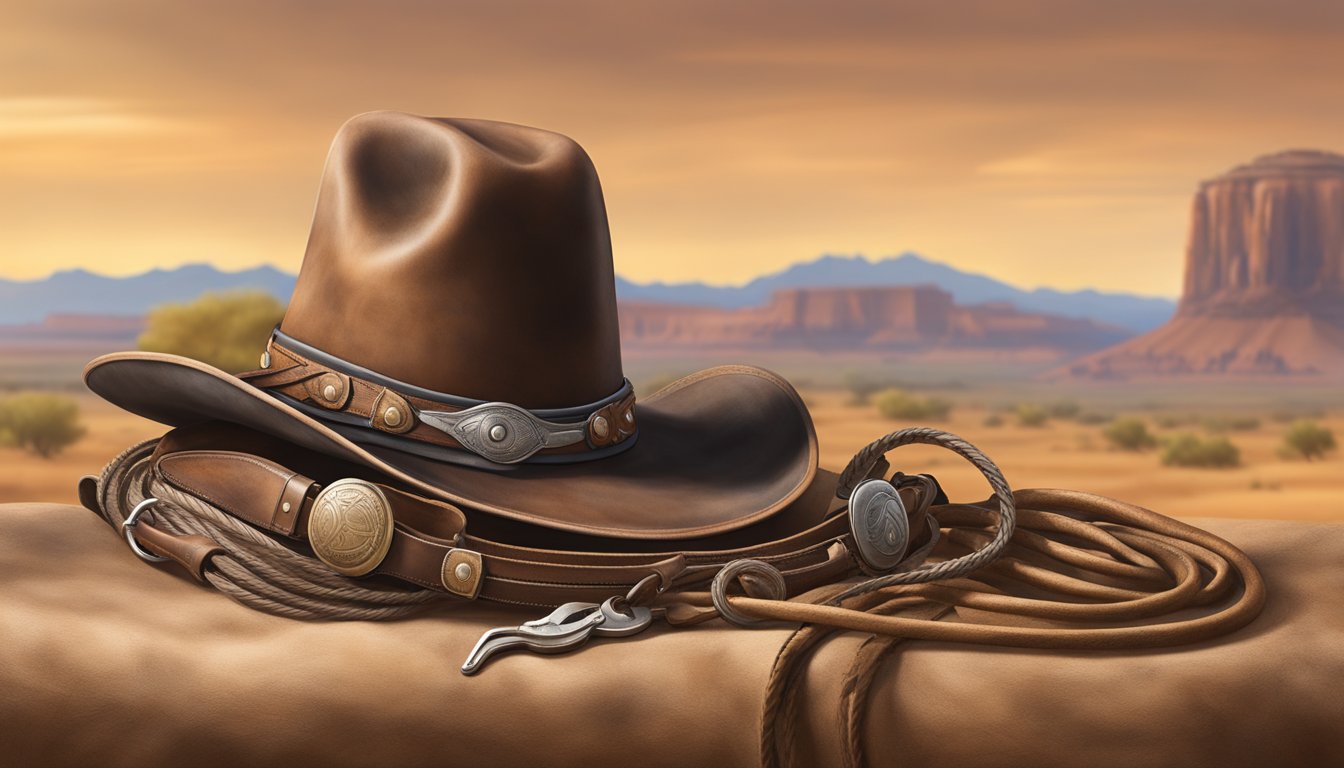 A worn leather saddle with coiled lasso, cowboy hat, boots, and spurs. Dusty plains stretch out behind