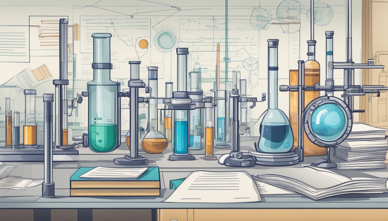 A laboratory setting with test tubes, microscopes, and research papers. Graphs and charts showing lifestyle factors and health influences related to colorectal cancer