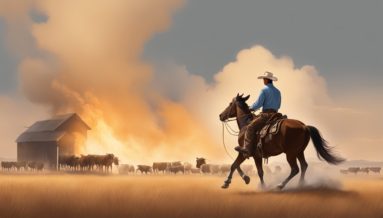 A lone cowboy on horseback herding cattle through the open plains of Texas, with a branding iron and branding fire in the background