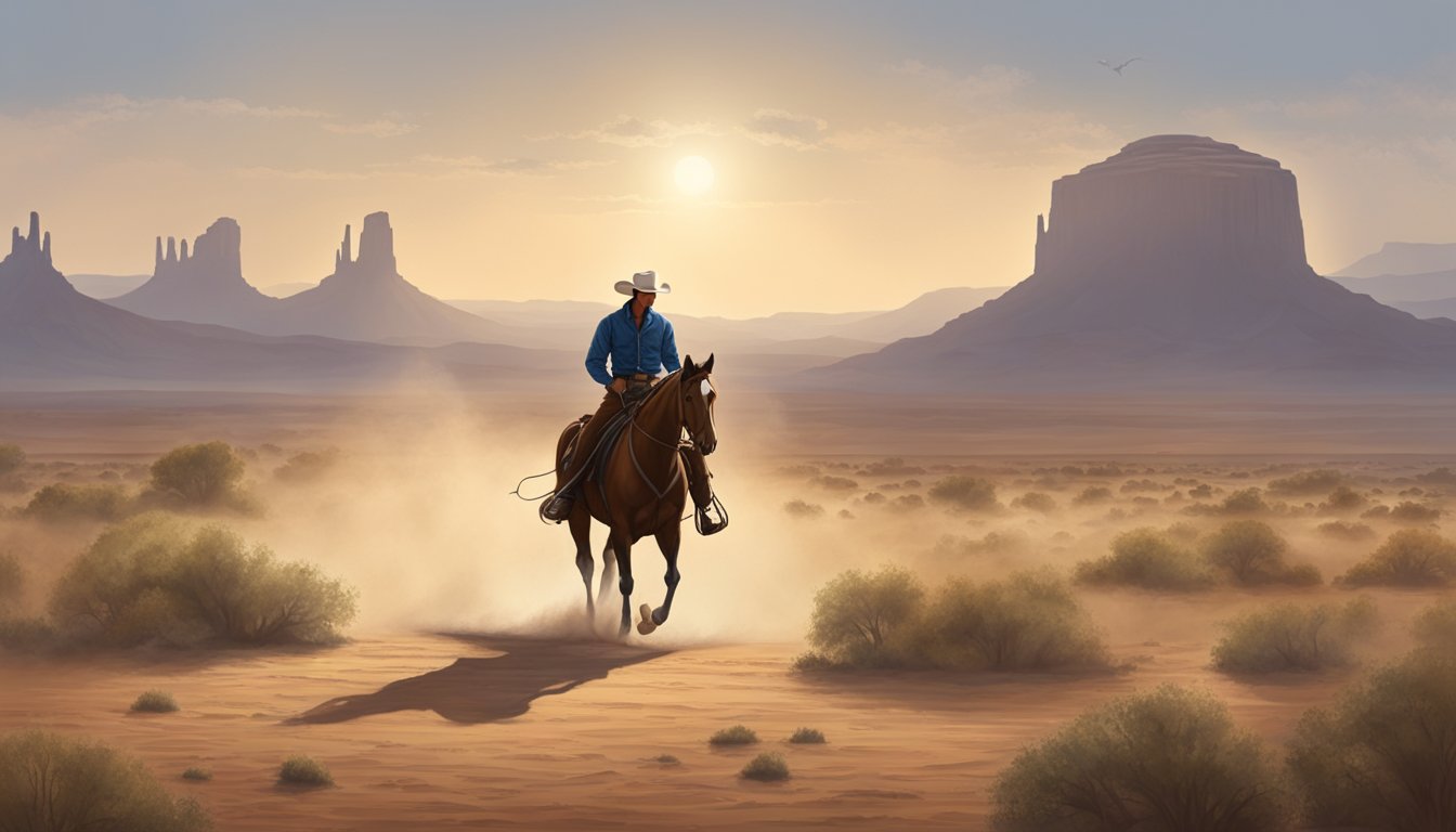 A lone cowboy and his horse practicing equitation in a dusty Texas arena, surrounded by the vast open landscape