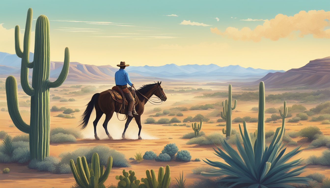 A lone cowboy rides through a dusty Texas landscape, surrounded by rolling hills and cacti, with a clear blue sky above