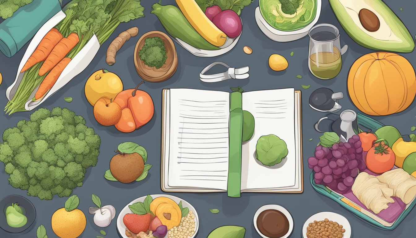 A person with Crohn's disease managing their health through diet, exercise, and stress management, surrounded by healthy food, a yoga mat, and a journal