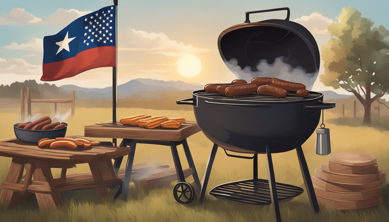 A rustic Texas barbecue pit with smoking brisket, ribs, and sausages, surrounded by cowboy hats and a lone star flag