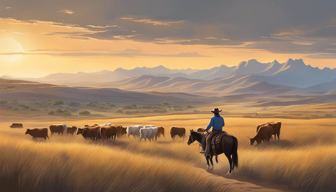 A lone cowboy rides across the open range, surrounded by rolling hills and grazing cattle under the vast Texas sky