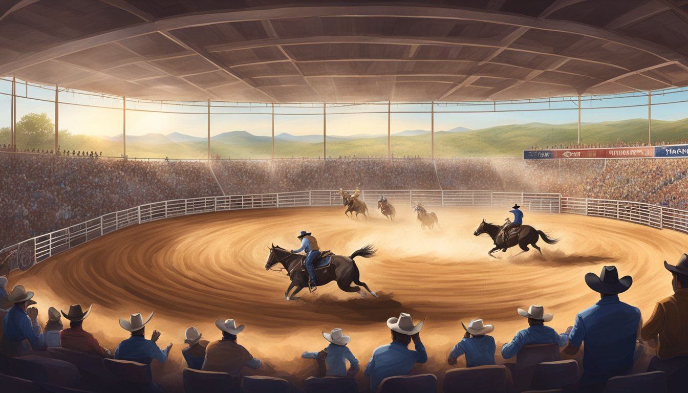 A dusty rodeo arena with cowboys competing in barrel racing and bull riding, surrounded by cheering spectators and the vast Texas range