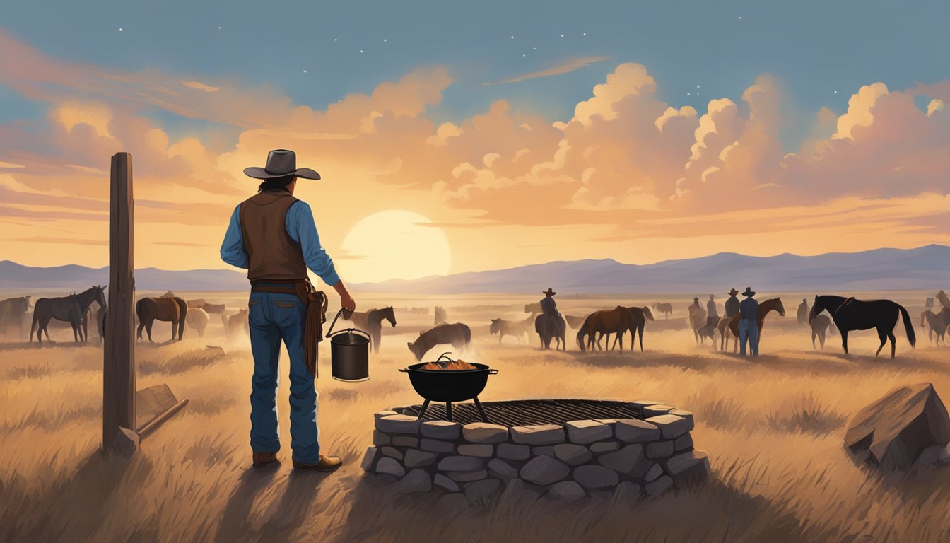 A lone cowboy tends to a smoking barbecue pit under a vast Texas sky. Nearby, a group of modern cowboys gather to honor the tradition with a feast