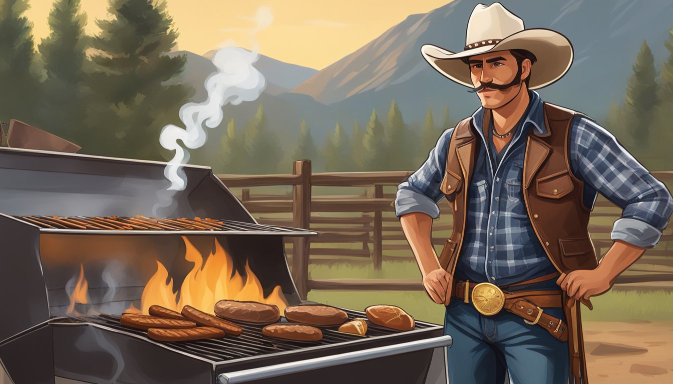 A Texas cowboy stands beside a smoking barbecue pit, wearing a wide-brimmed hat, boots, a bandana, and a leather vest over a plaid shirt