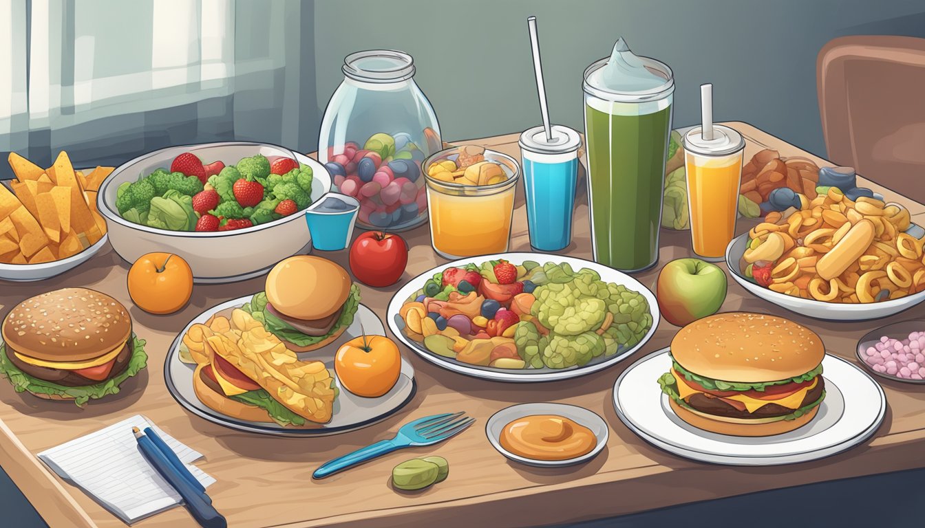 A table filled with unhealthy foods, surrounded by exercise equipment and medical charts