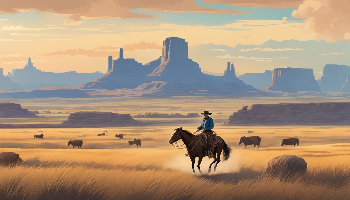 A lone cowboy riding across the open range with a backdrop of iconic Texas landmarks and historic sites