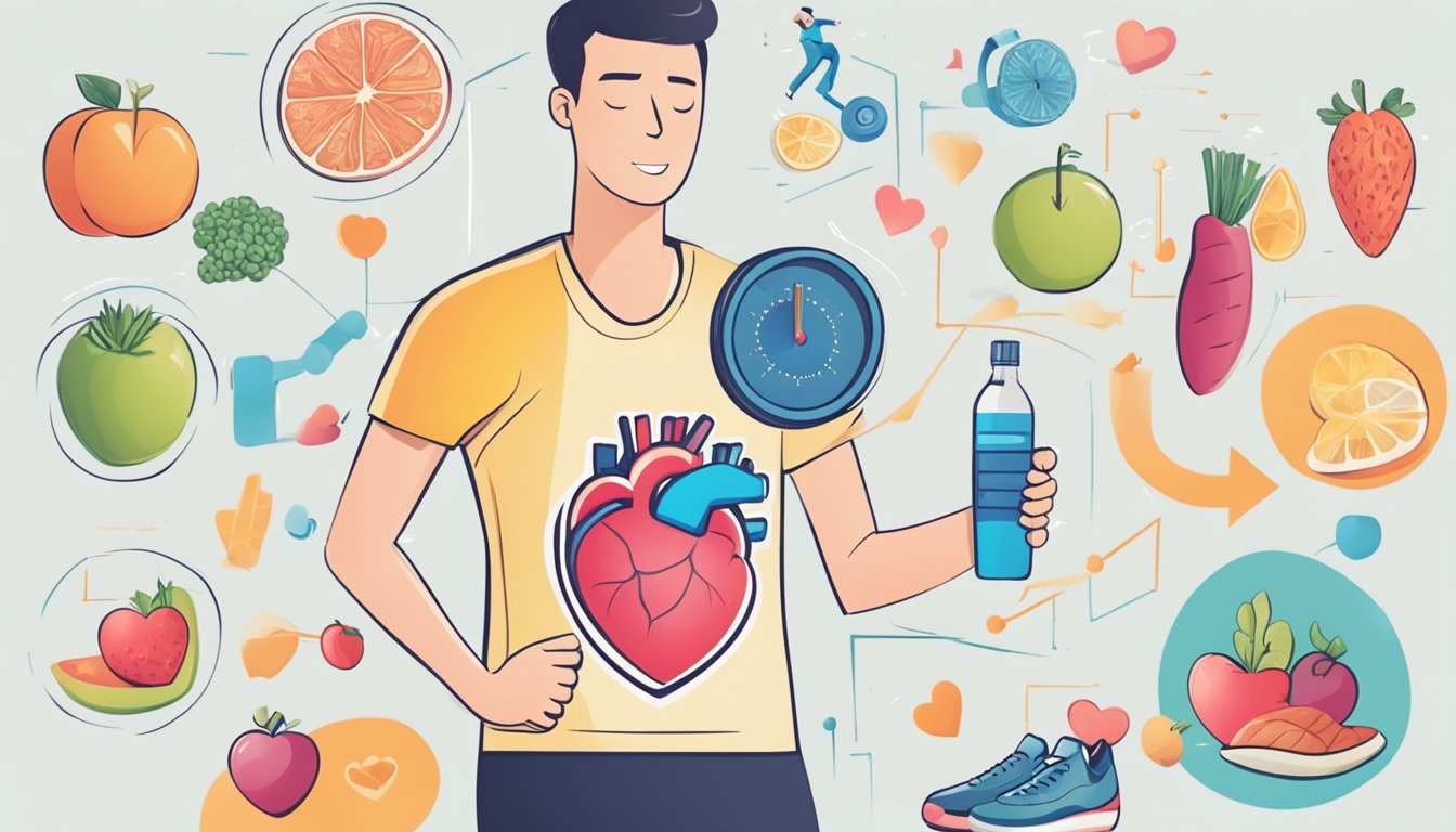 A person engaging in various lifestyle activities such as exercise, stress, and diet, with a focus on the heart and its palpitations