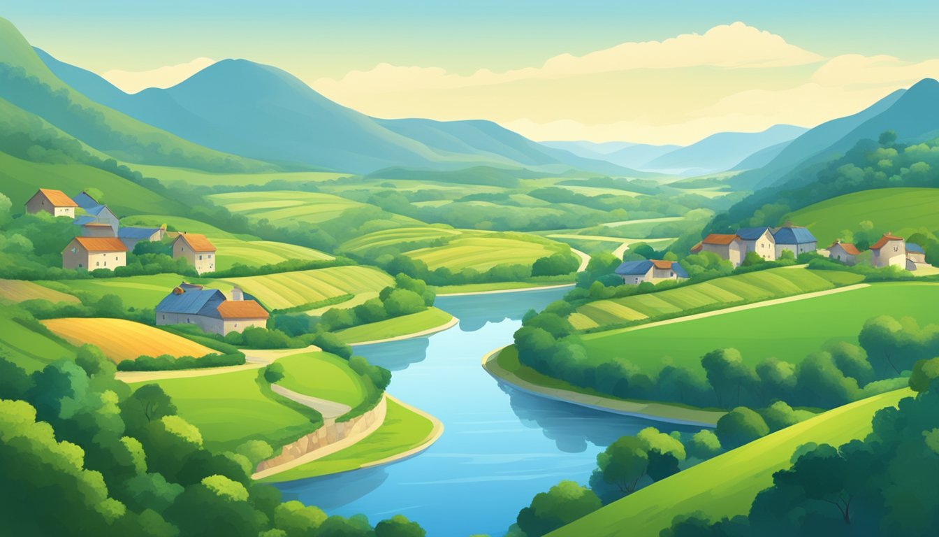 A serene, peaceful countryside with a winding river, lush greenery, and a clear blue sky. A small village sits in the distance, surrounded by rolling hills and fields