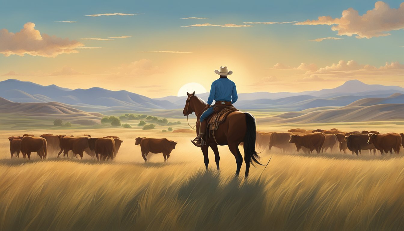 A lone cowboy rides across the open range, surrounded by rolling hills and grazing cattle, under a big Texas sky