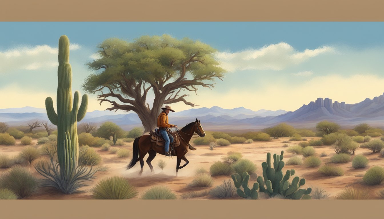 A lone cowboy rides through rugged Texas terrain, passing by cacti and mesquite trees, with the vast open sky above