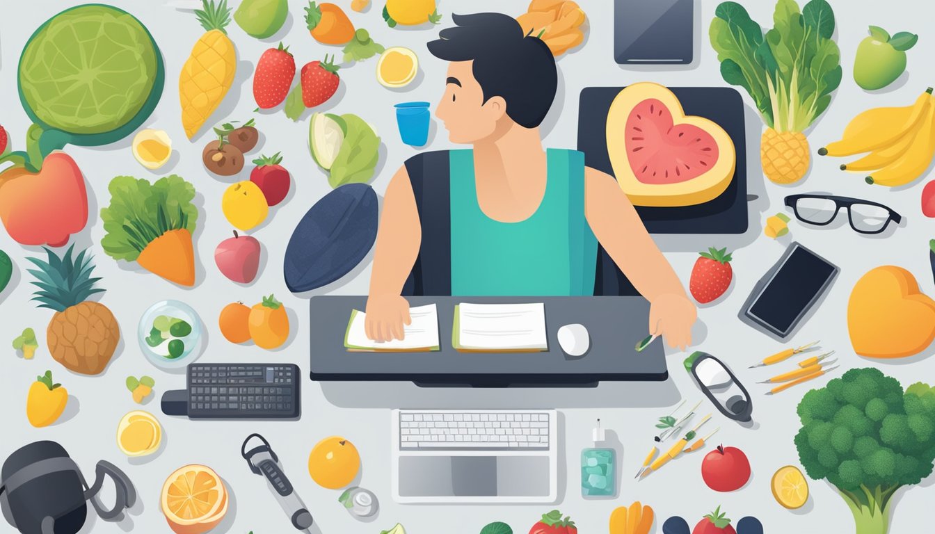 A person sitting at a desk surrounded by healthy lifestyle items such as fruits, vegetables, exercise equipment, and a heart rate monitor