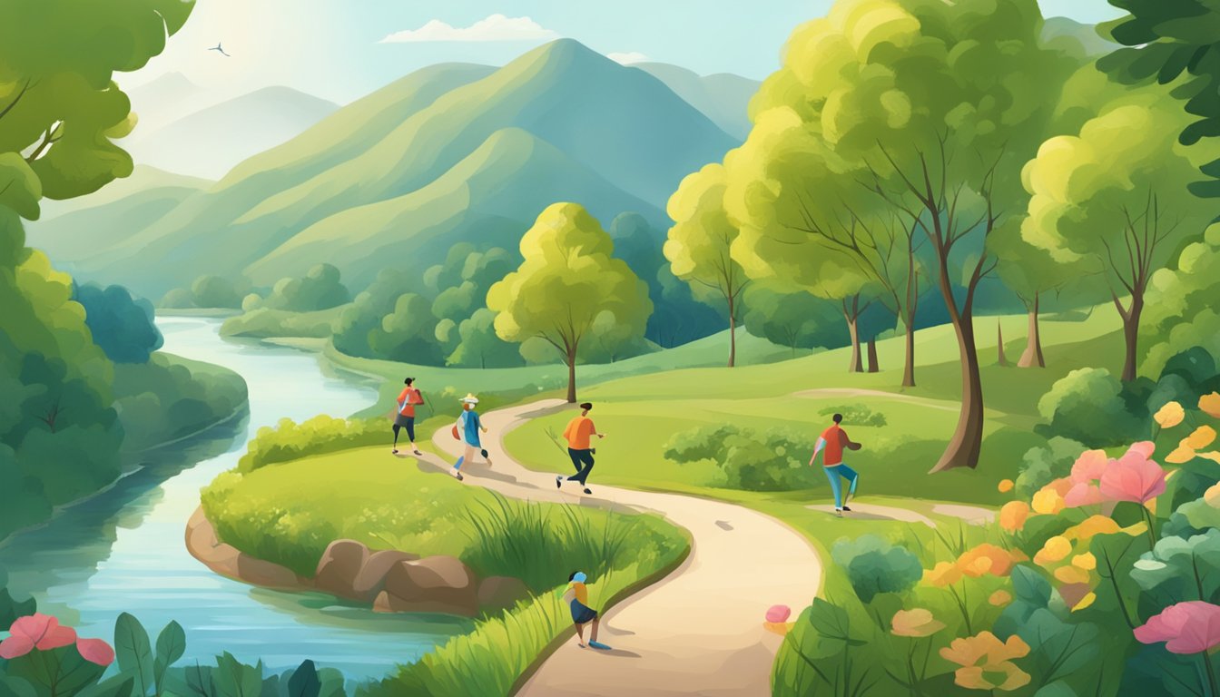 A serene, leafy landscape with a winding river, healthy liver-friendly foods, and a group engaging in physical activity