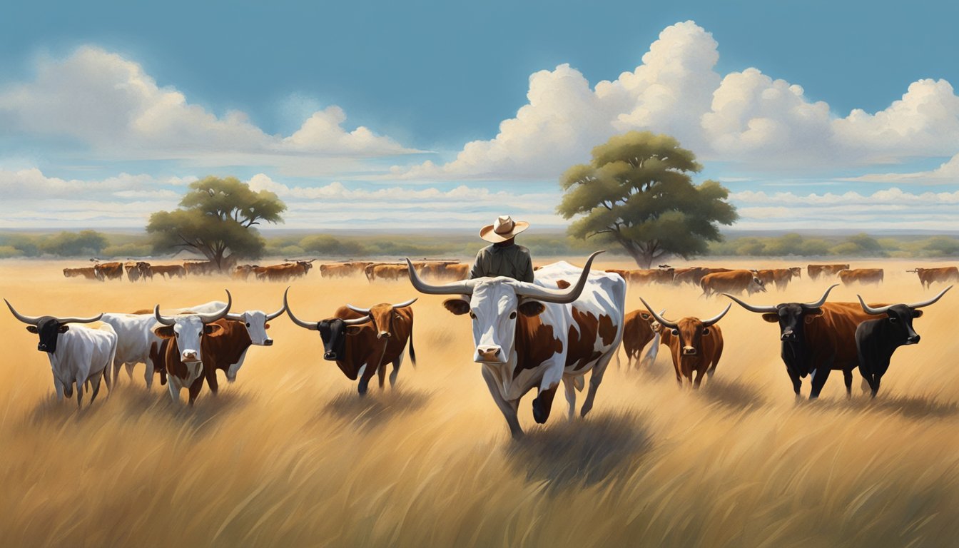 A lone cowboy herding a group of majestic Texas Longhorn cattle across a vast, open prairie under a big, blue sky