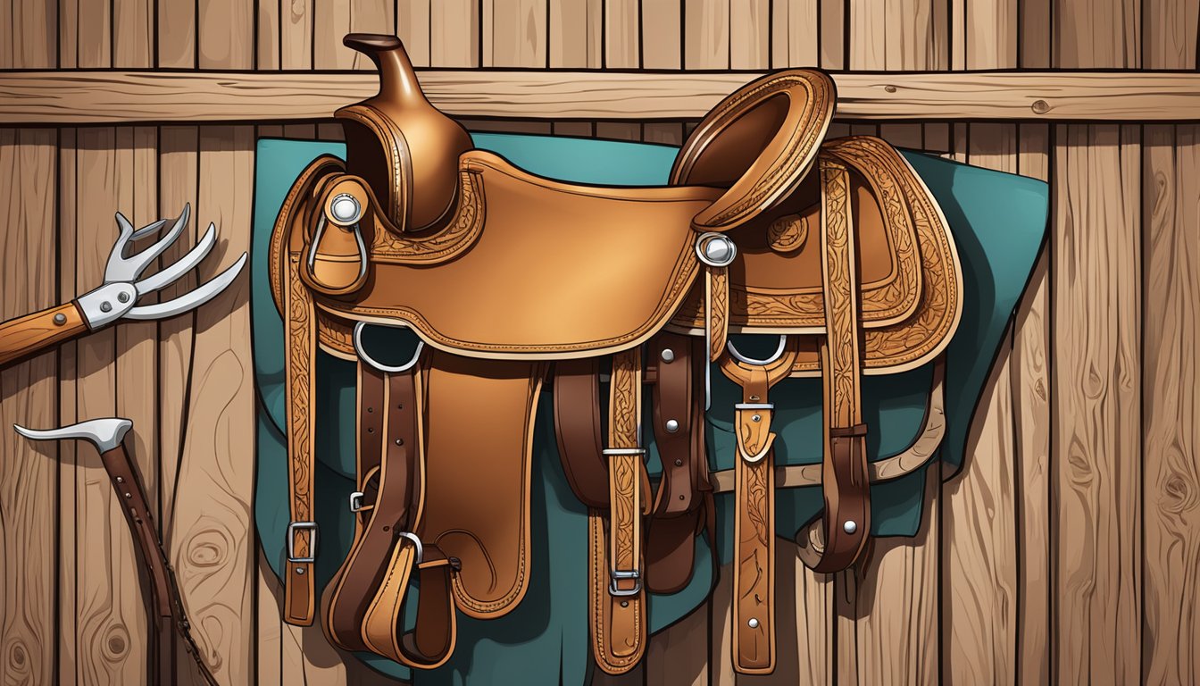 A rustic leather saddle and bridle hang on a wooden fence, surrounded by tools and materials for crafting cowboy tack