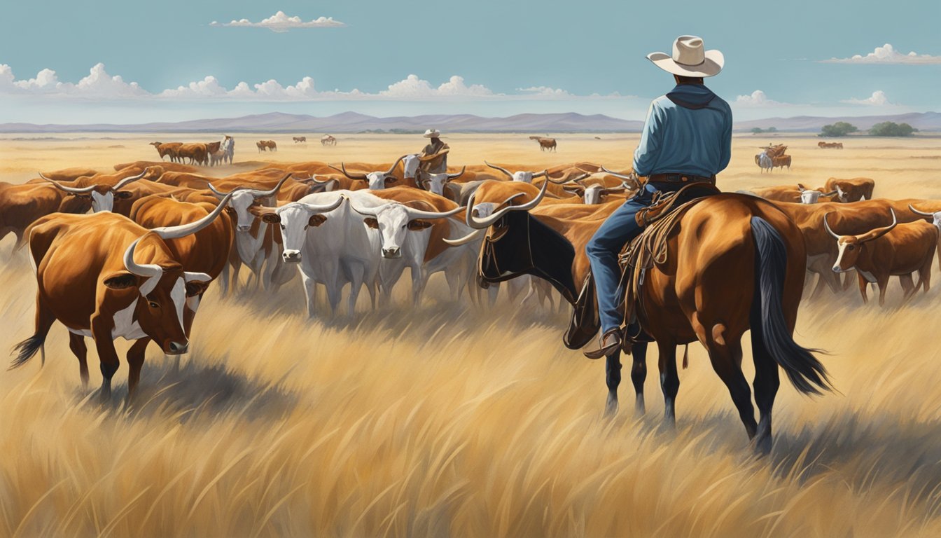 A herd of Texas Longhorns graze on the open prairie, with a lone cowboy riding alongside, embodying the enduring spirit of Texas cowboy culture