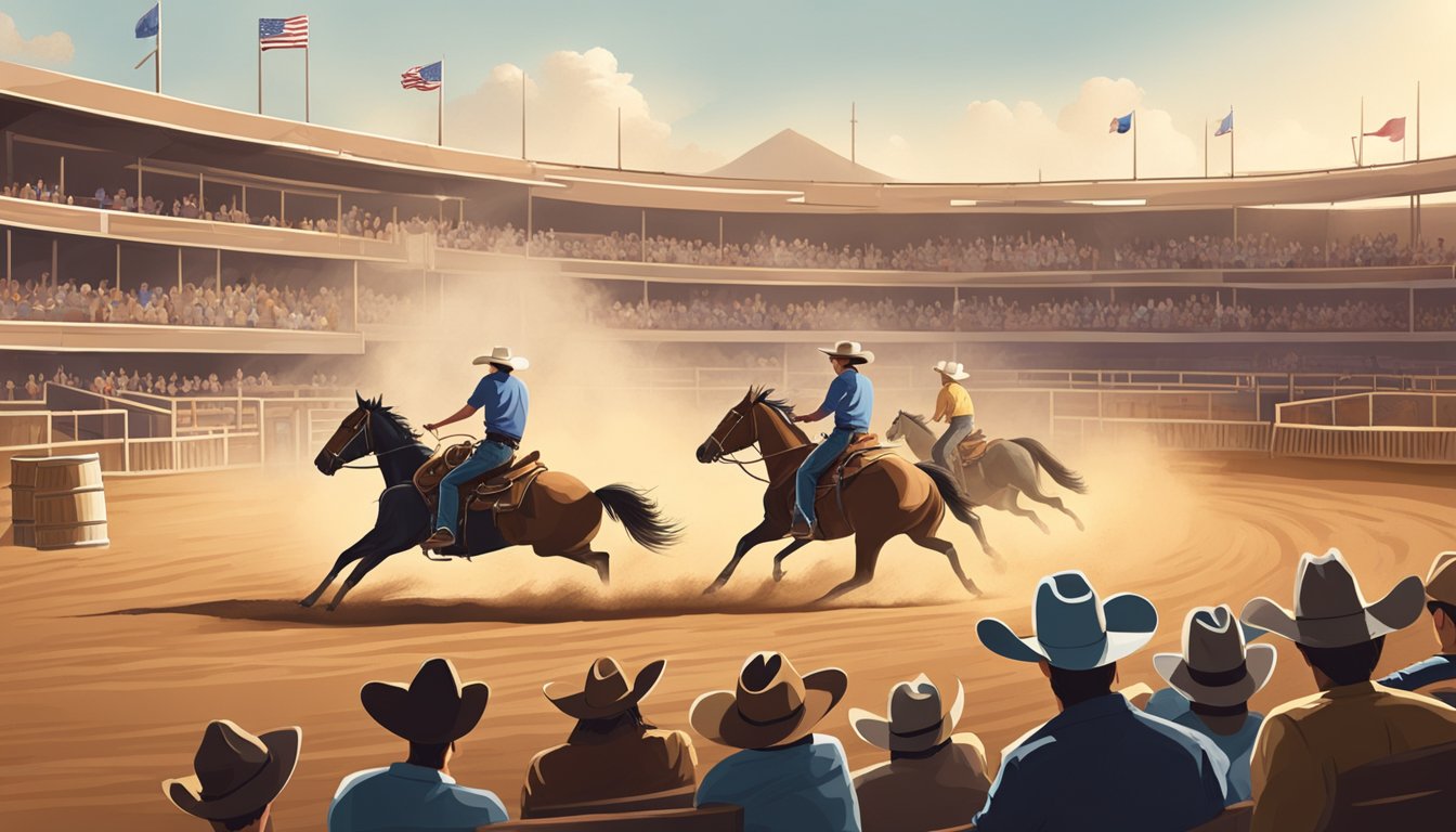 A dusty rodeo arena with cheering spectators, a cowboy riding a bucking bronco, and other riders practicing barrel racing