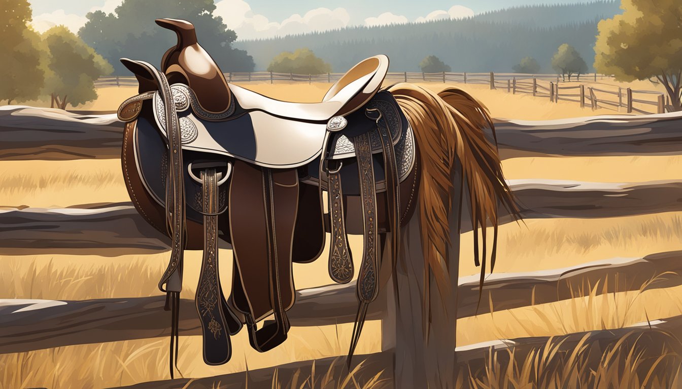 A dusty western saddle draped over a wooden fence, surrounded by cowboy hats, boots, and lassos. In the background, a group of horses grazing in a sun-drenched field