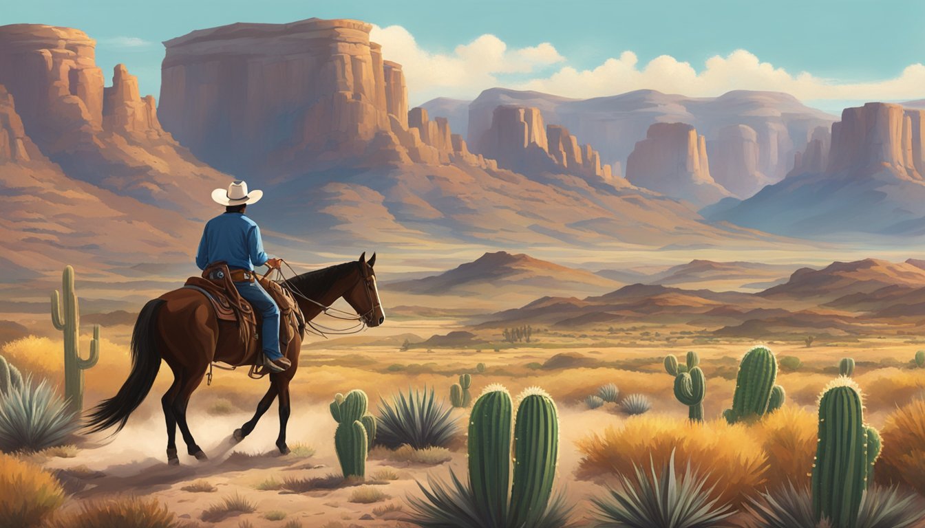 A lone cowboy rides through the rugged Texas landscape, surrounded by rolling hills, cacti, and a vast open sky