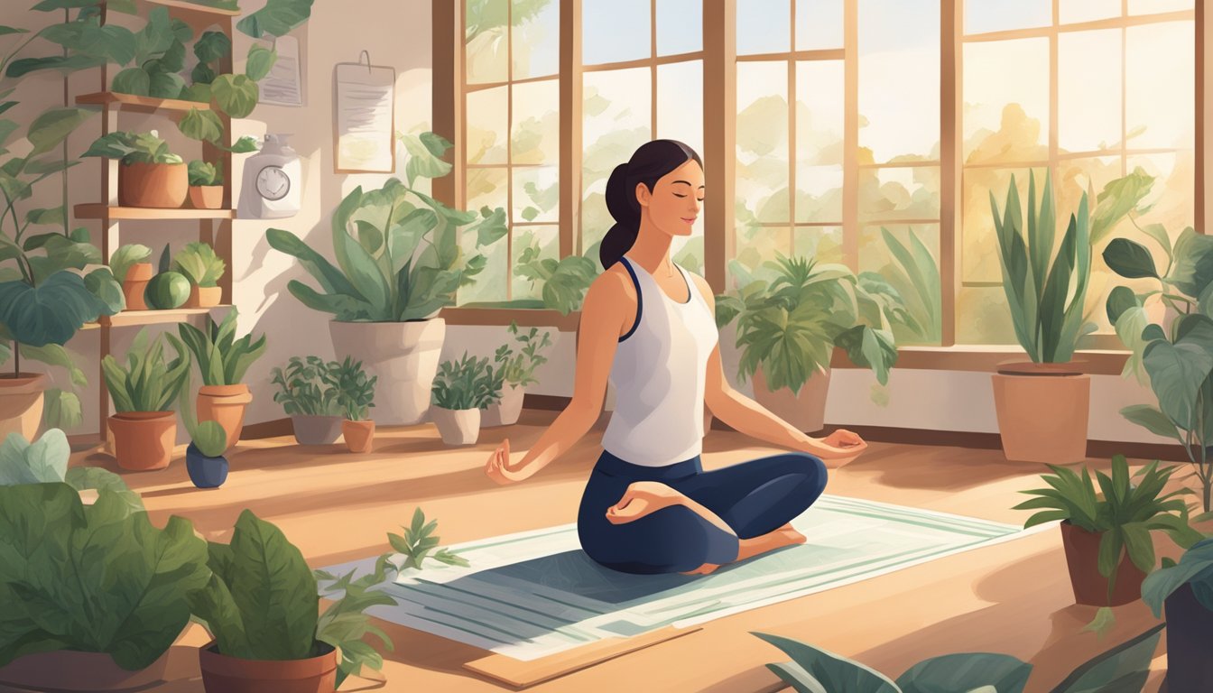 A serene woman practices yoga in a sunlit room, surrounded by plants and healthy foods. A doctor's stethoscope and medical charts sit nearby