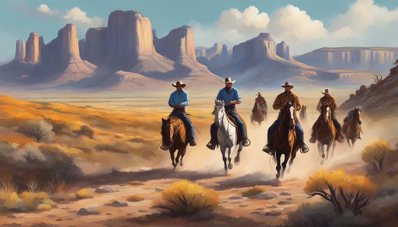 A group of cowboys riding horses through the rugged Texas landscape, with their iconic hats and boots, evoking the cultural imaginary of cowboy culture