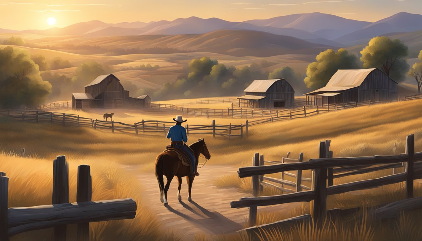 A lone cowboy tends to his horse at sunrise, surrounded by rolling hills and a rustic wooden corral