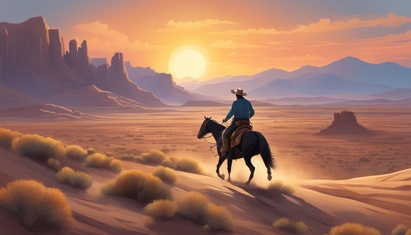 A lone cowboy riding through rugged desert terrain at sunset, with a backdrop of vast open skies and distant mountains