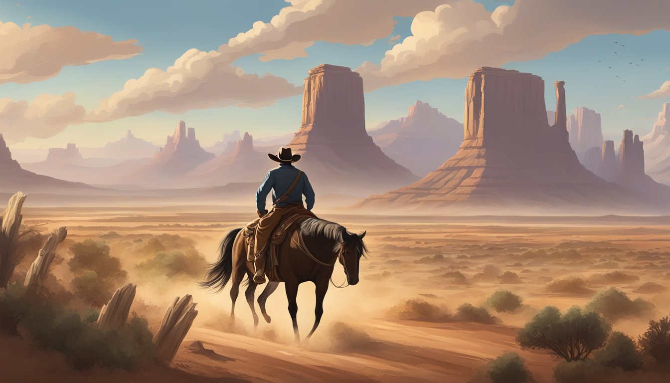 A lone cowboy rides a horse through the dusty Texas landscape, surrounded by the iconic symbols of western culture