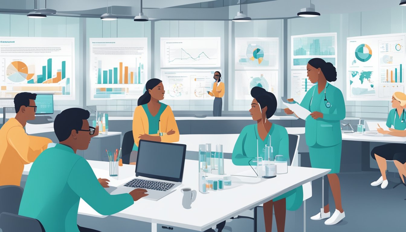 A group of researchers discussing ovarian cancer risk factors and treatment options in a modern laboratory setting, with charts and graphs on the walls