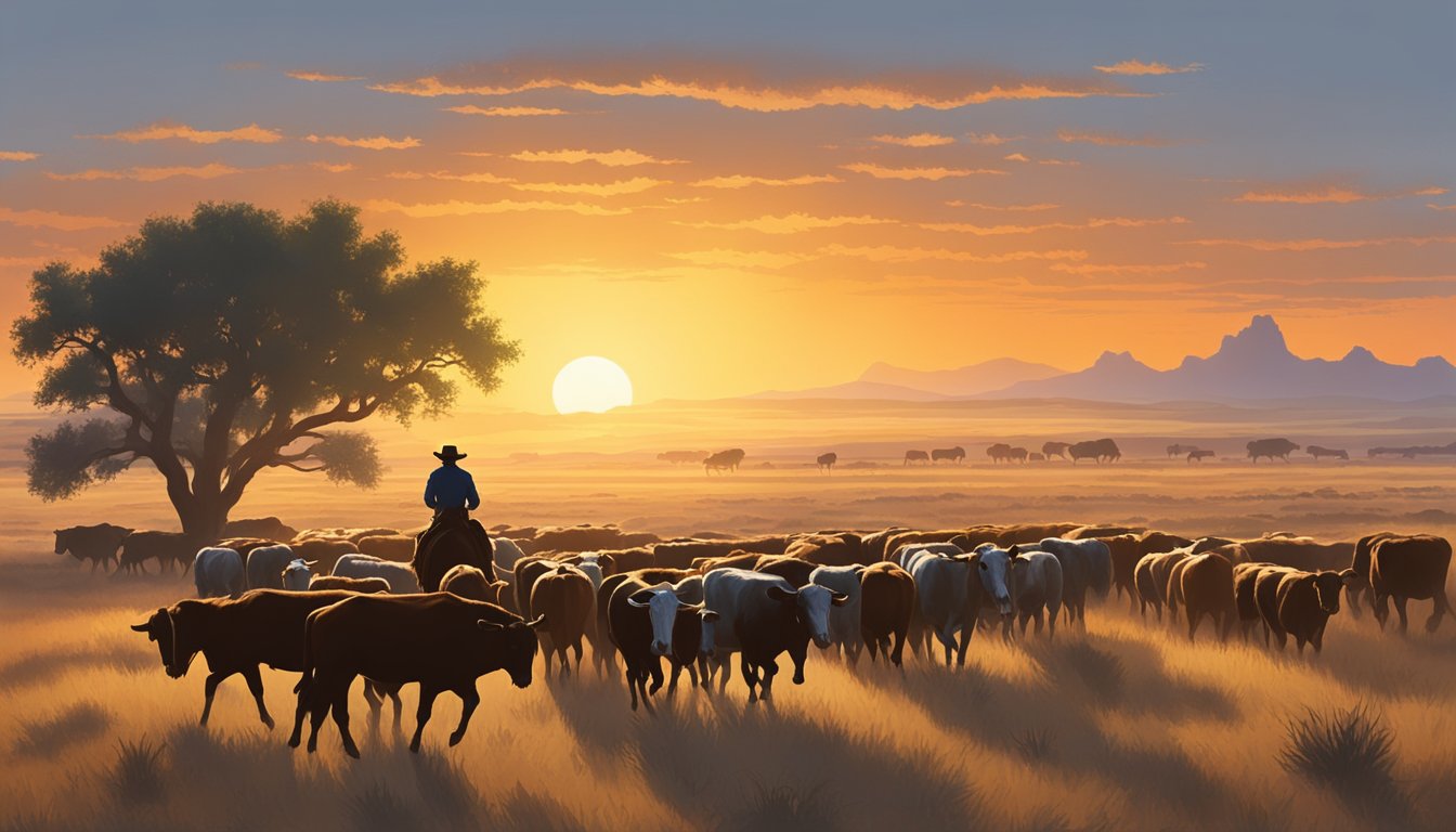 A lone cowboy riding across the vast Texas plains, with a herd of cattle in the distance and a setting sun casting a warm glow over the rugged landscape