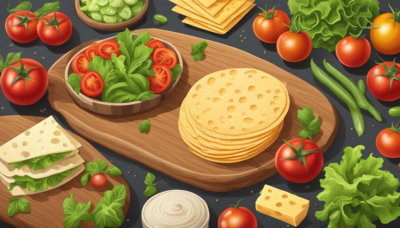 A colorful array of fresh tomatoes, lettuce, beans, cheese, and crispy tortillas arranged on a wooden cutting board