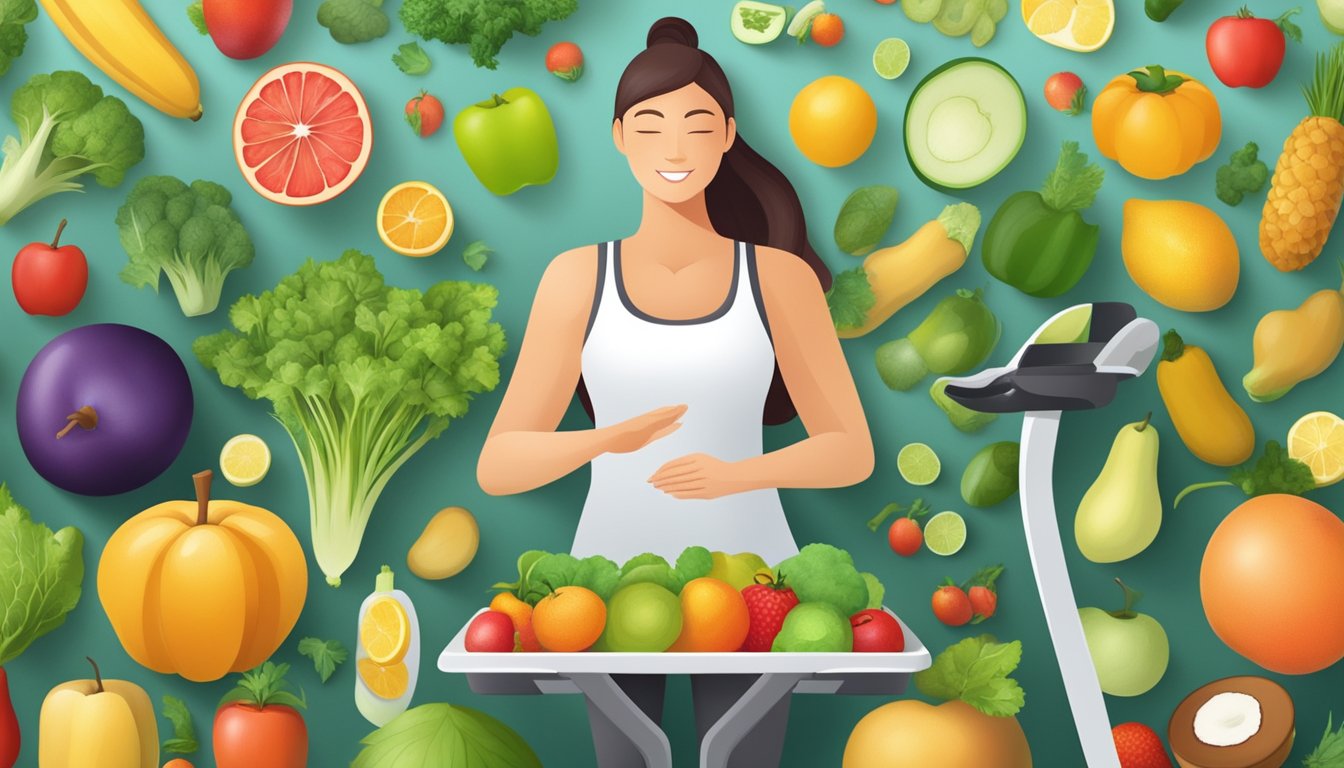 A serene figure surrounded by healthy lifestyle elements, such as exercise equipment, fruits, and vegetables, with a balanced and harmonious atmosphere