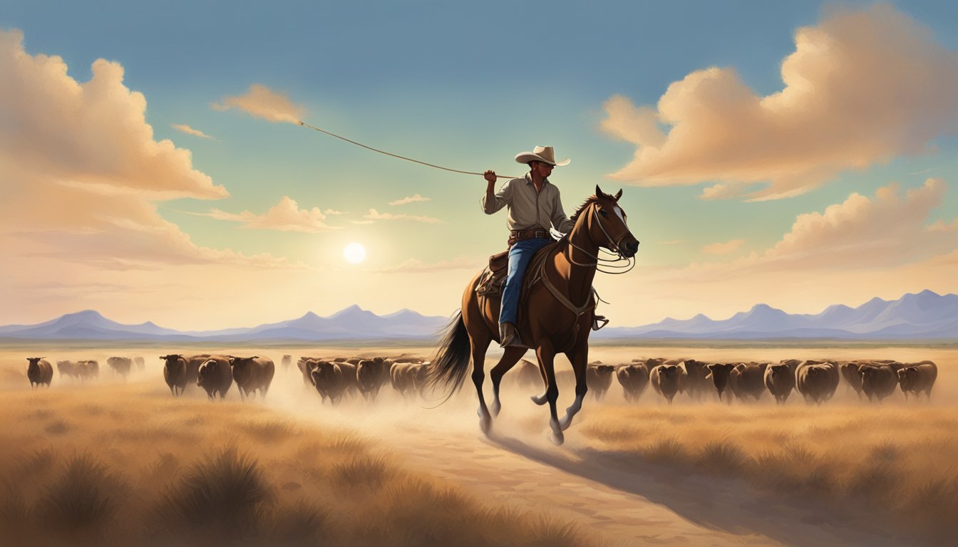 A lone cowboy riding across a vast open plain, herding cattle with a lasso in hand, under a big Texas sky