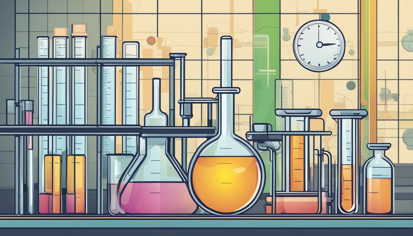 A laboratory setting with test tubes, beakers, and scientific equipment. A graph or chart displaying hormonal disruption data