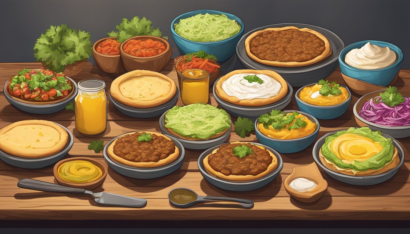 A rustic wooden table displays a spread of authentic Texas sopes, topped with traditional fillings and surrounded by vibrant ingredients and cooking utensils