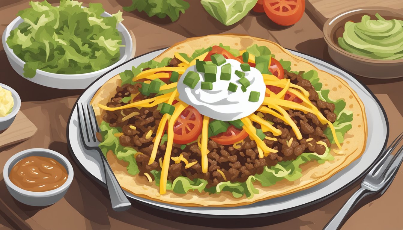 A colorful plate with a crispy tostada topped with refried beans, seasoned beef, shredded lettuce, diced tomatoes, grated cheese, and a dollop of sour cream